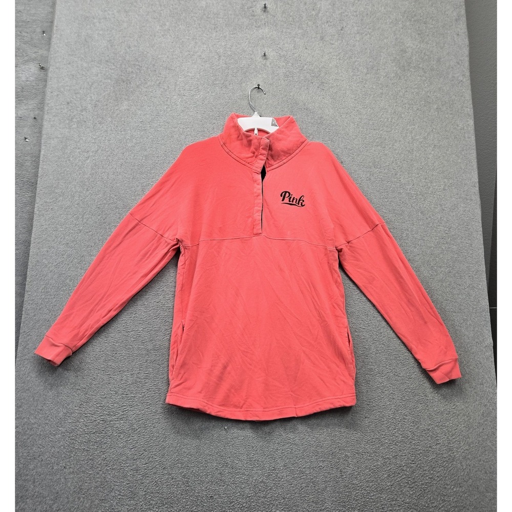 PINK Victoria's Secret Women Sweatshirt S Coral Logo Spellout Snap Mock Neck